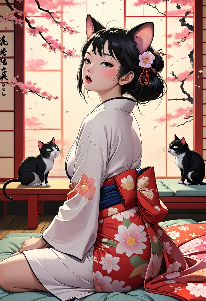 (utamaro style:1.2) , Hallucination, daydream , nightmare , Insane Dream , bokeh , erotica , romance , realistic mouse girl and realistic cat , kimono , futon , Cat licking