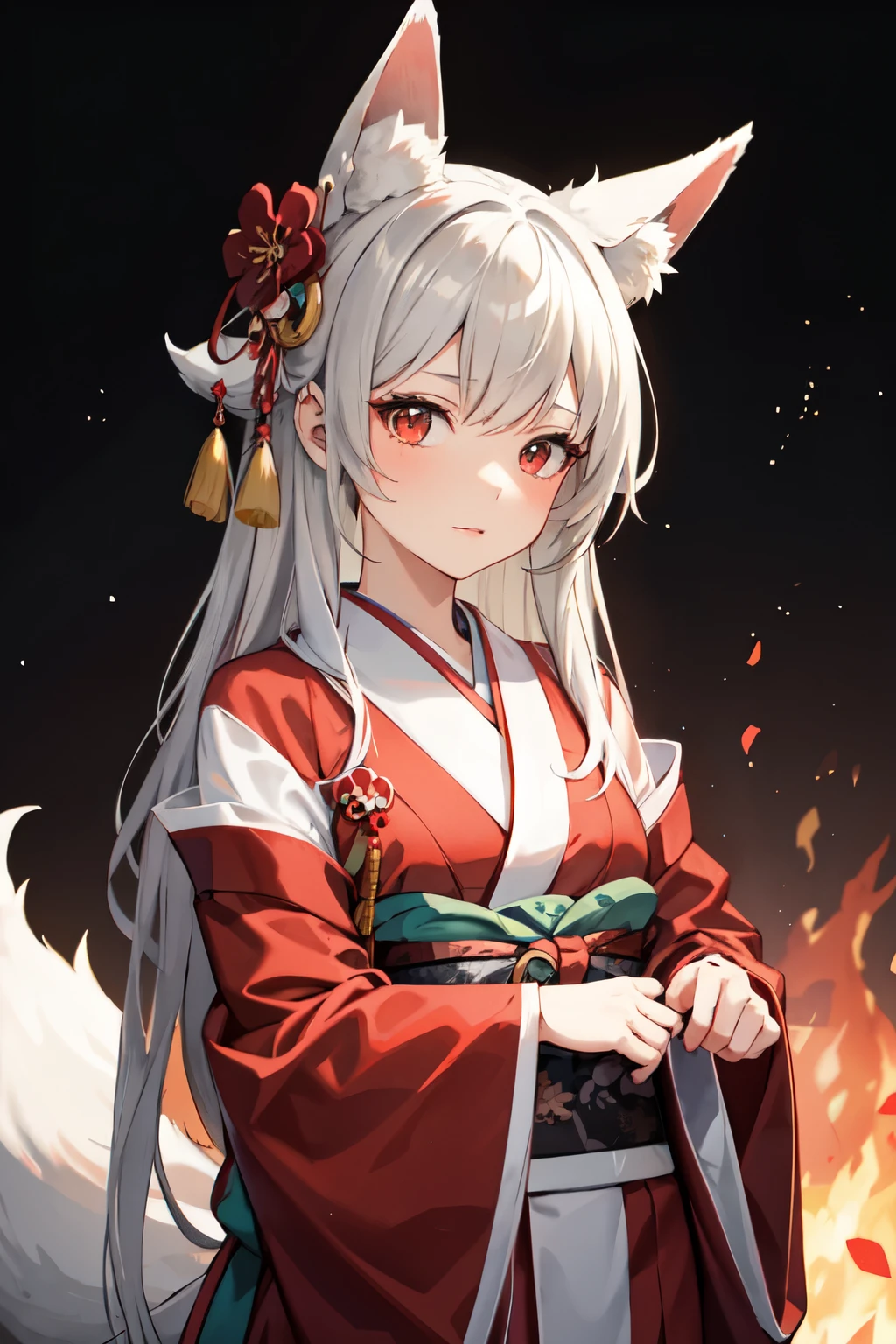 young girl with long grey hair, 1 red eye and 1 grey eye, dressed in a kimono with a fox tail and fox ears