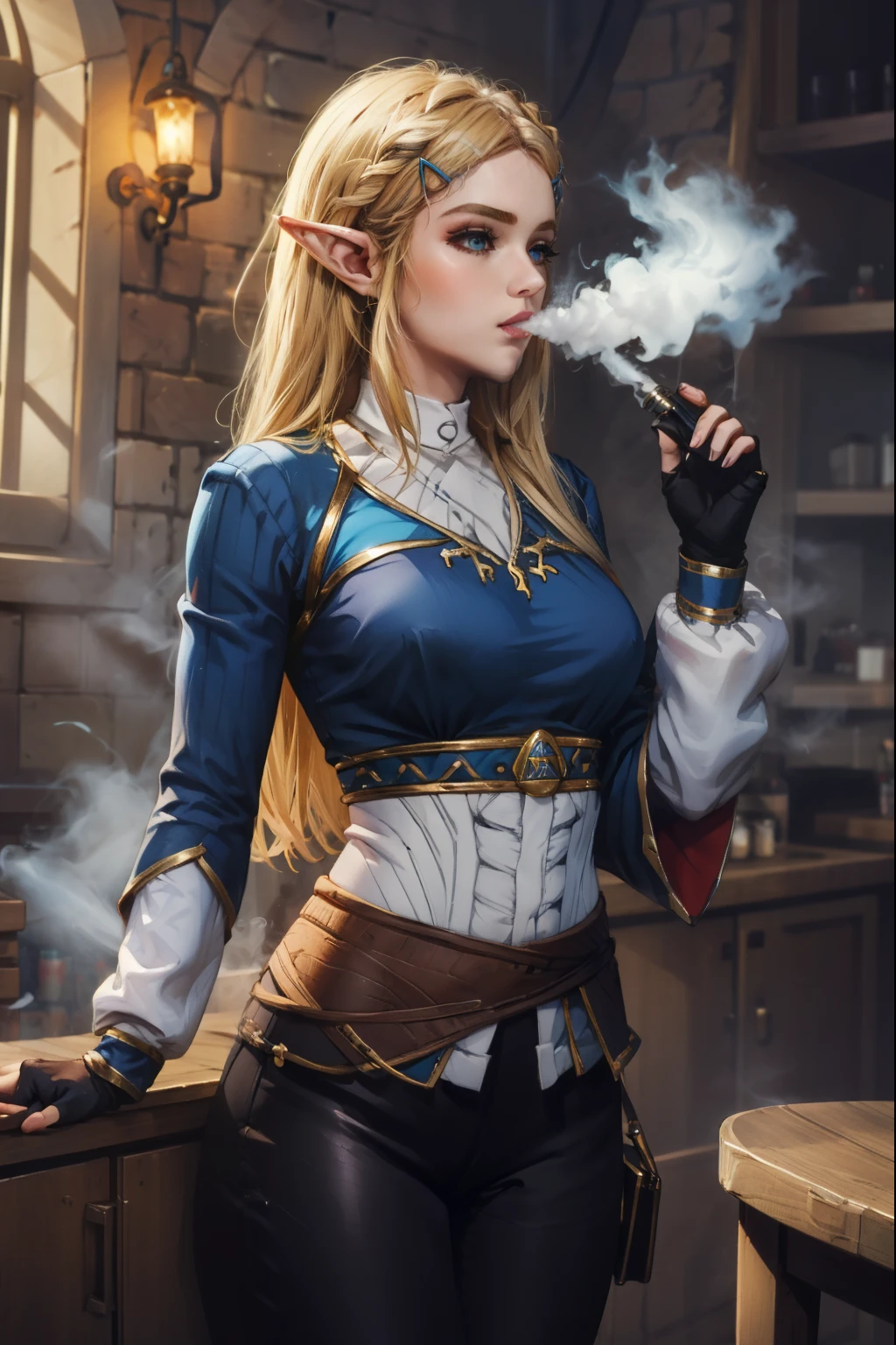 (masterpiece, best quality:1.2, Detailed Face), solo, 1girl, vapingnation, smoke, smoking, holding, aazelda, long hair,hairclip, pointy ears, blue shirt, long sleeves, fingerless gloves, black gloves, black pants, tight pants,