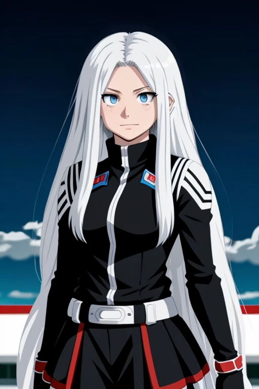 My Hero Academia screenshot of a girl with medium long white hair and dark eyes wearing a black outfit with blue designs My hero academia anime girl.
My hero academia