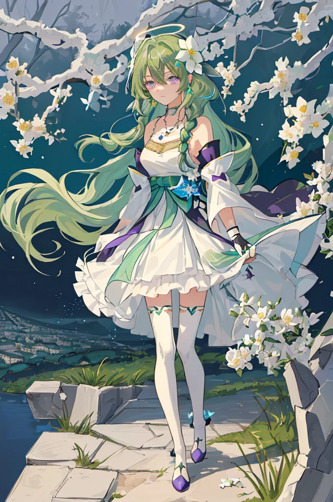 (Masterpiece, Best Quality: 1.4), white Background, Long Hair, Jewelry, Earrings, Necklace, Bride, ((green Hair)), Halo, (Overlook), Dynamic Angle, Ultra Detailed, Illustration, Close Up, Direct Look, 1girl, (Fantasy: 1.4), (Purple Eyes: 1.233), Her Eyes Shine Like Dreamy Stars, (Glow Eyes: 1.233), (Beautiful and Delicate Eyes: 1.1), (green Hair: 1.4), (Messy Hair, Very Long Hair, French braids, hair between the eyes, side hair), (+(white hair flower: 1.14)), (chiffon dress, uniform white flower pattern)/= (military uniform: 1.24), (fingerless gloves), choker, (miko thighhighs), high heeled boots, (expressionless, shut up), (standing), (white flowers, blooming),(Ruins),(Night:1.2),dreamy,Soul,(fluorescent),(Flying Translucent Blue Butterfly:1.15),[Delicate Fingers and Hands:0.55]::0.85], (Finger Detail), (Yubao:0.5),((town background)),((full body)),((turquoise hair)),green hair,((green hair)),night,near the river,Walking in the distance,