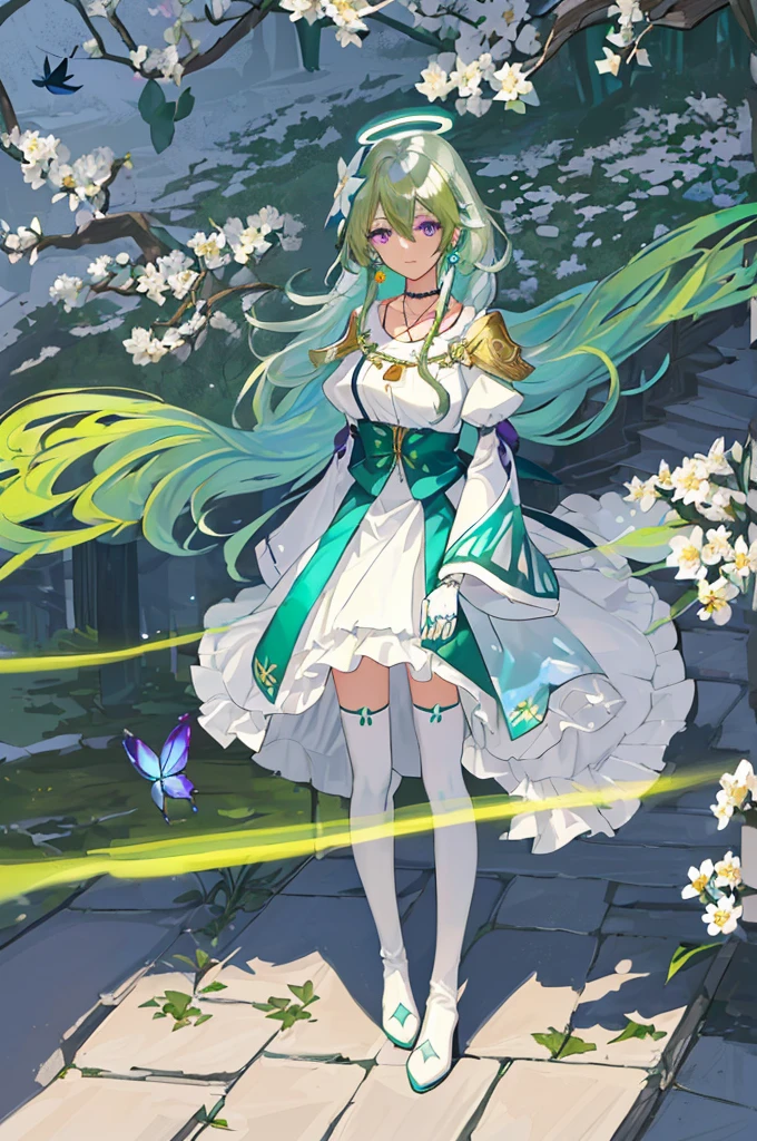 (Masterpiece, Best Quality: 1.4), white Background, Long Hair, Jewelry, Earrings, Necklace, Bride, ((green Hair)), Halo, (Overlook), Dynamic Angle, Ultra Detailed, Illustration, Close Up, Direct Look, 1girl, (Fantasy: 1.4), (Purple Eyes: 1.233), Her Eyes Shine Like Dreamy Stars, (Glow Eyes: 1.233), (Beautiful and Delicate Eyes: 1.1), (green Hair: 1.4), (Messy Hair, Very Long Hair, French braids, hair between the eyes, side hair), (+(white hair flower: 1.14)), (chiffon dress, uniform white flower pattern)/= (military uniform: 1.24), (fingerless gloves), choker, (miko thighhighs), high heeled boots, (expressionless, shut up), (standing), (white flowers, blooming),(Ruins),(Night:1.2),dreamy,Soul,(fluorescent),(Flying Translucent Blue Butterfly:1.15),[Delicate Fingers and Hands:0.55]::0.85], (Finger Detail), (Yubao:0.5),((town background)),((full body)),((turquoise hair)),green hair,((green hair)),night,near the river,Walking in the distance,