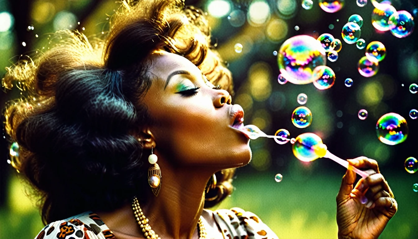 1970s photo of a beautiful african-american woman blowing bubbles into the air, atmospheric perspective, textured skin, cinematic action, super detail,