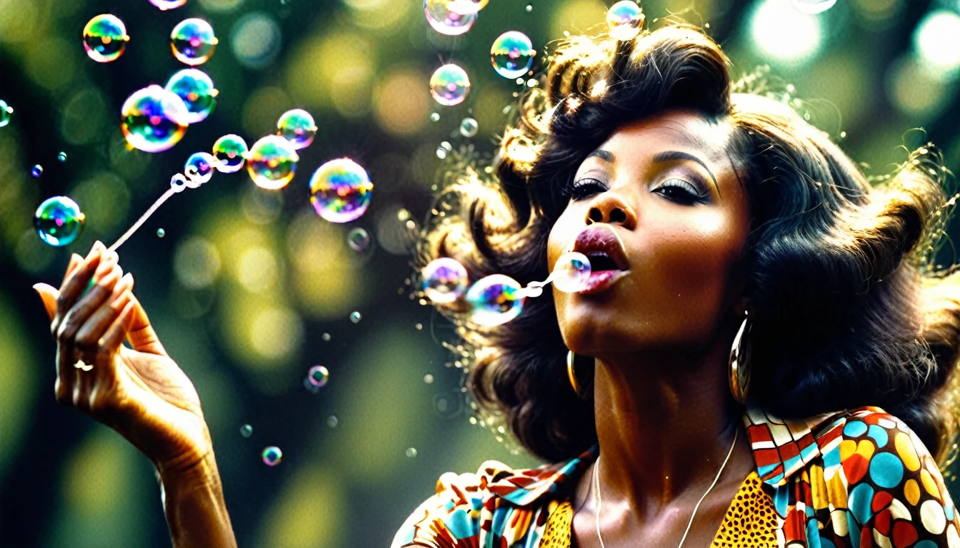 1970s photo of a beautiful african-american woman blowing bubbles into the air, atmospheric perspective, textured skin, cinematic action, super detail,