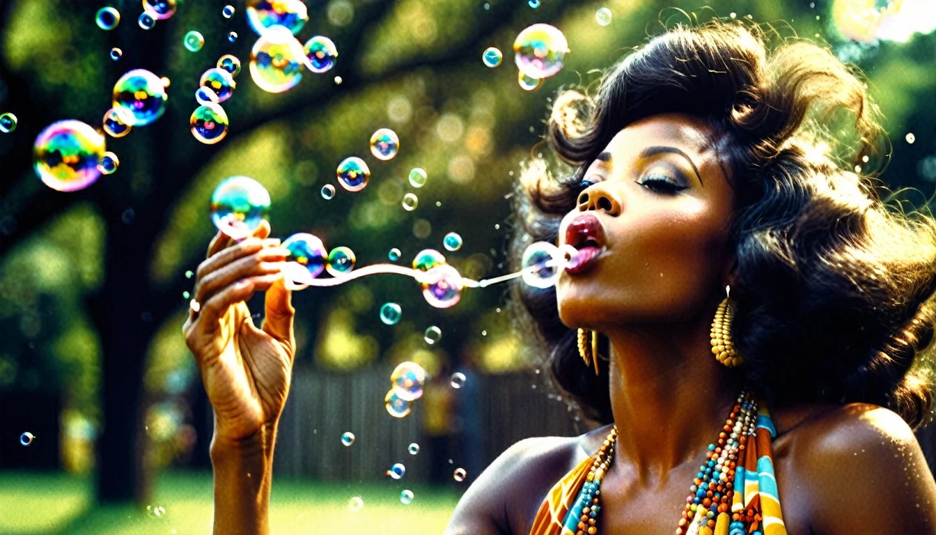 1970s photo of a beautiful african-american woman blowing bubbles into the air, atmospheric perspective, textured skin, cinematic action, super detail,