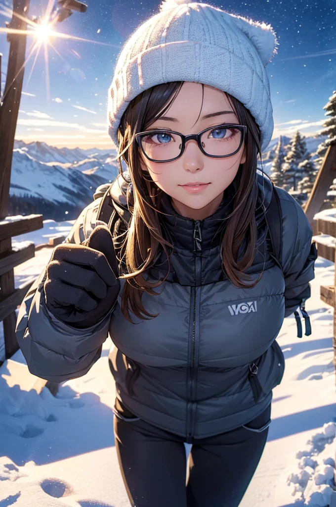 最high quality, high quality, High resolution, high quality texture, high quality shadows, High resolution, Beautiful details, Detailed CG, Detailed Texture, Realistic representation of face, Realistic, colorful, delicate, Cinematic Light, Side light, Lens flare, Ray Tracing, sharp concentrated, (1 Girl,concentrated:1.3), ( Intricate details, compensate, PureErosFaceV1:0.5), (細部まで美しいdelicateな顔, 緻密で美しいdelicateな瞳, Perfect Facial Proportions, Dense skin, Optimal ratio of four fingers to one thumb, Modest chest, Beautiful Hips, Smooth upper abdomen, blue eyes ,cold weather jacket ,cold weather pants ,knit hat ,cold weather gloves ,trekking backpack ,glasses ,hiking,lapland ,snow field ,long trail ,adventure journey ,night,Northern Lights ,winter,the gaze of true love, lips of temptation, A look full of compassion ,a smile full of love, i love you, Acting lovey-dovey, waist up, 35 years old, hiking,house wife