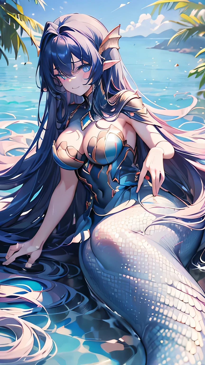 ((Best quality, 8k, Masterpiece: 1.3)), Slim abdomen, dark blue hair, hair behind ear, long hair, big hair, wet hair, star hair ornament, upturned eyes, pointy ears, light smile, ((mermaid)), in the sea, swimming, beautiful face, best quality, shiny skin, detailed skin, ((detailed face, detailed eyes))
