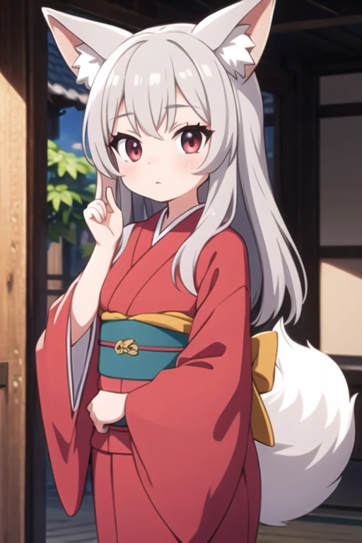 young girl with long grey hair, 1 red eye and 1 grey eye, dressed in a kimono with a fox tail and fox ears