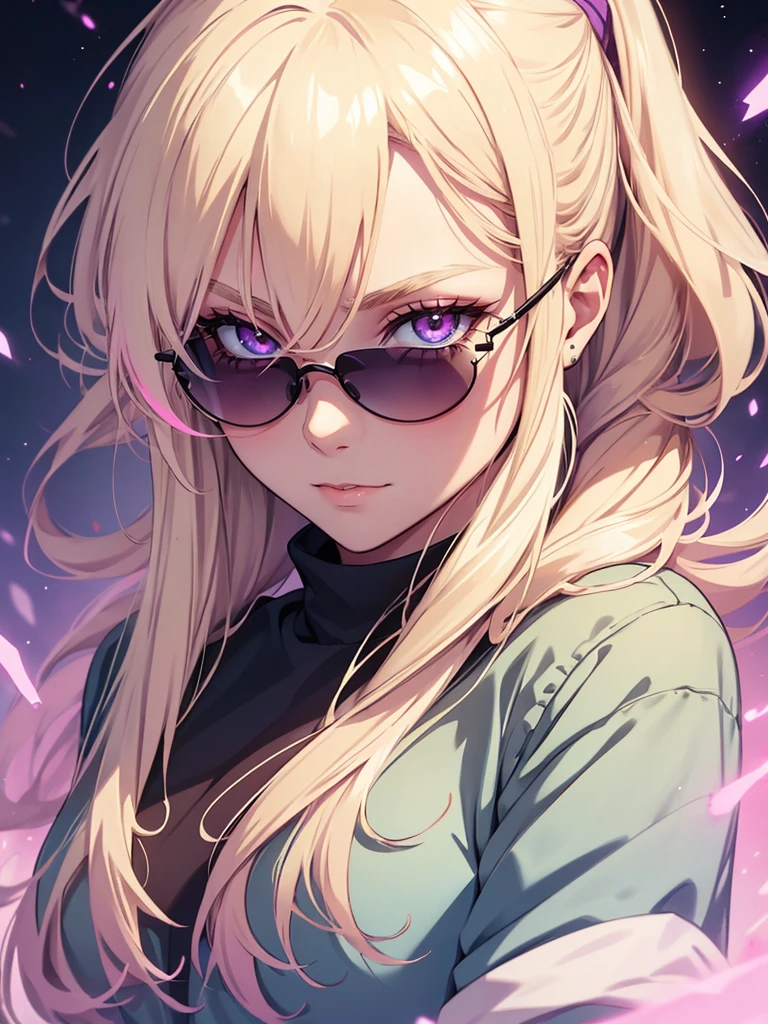 Woman, age 20, blonde hair, hair tied back, wears round sunglasses, blonde eyebrows, white eyelashes, detailed purple eyes, glowing pink eyes, galaxy blue eyes, prismatic different colored eyes, wearing black shirt, high quality, 4k resolution, anime