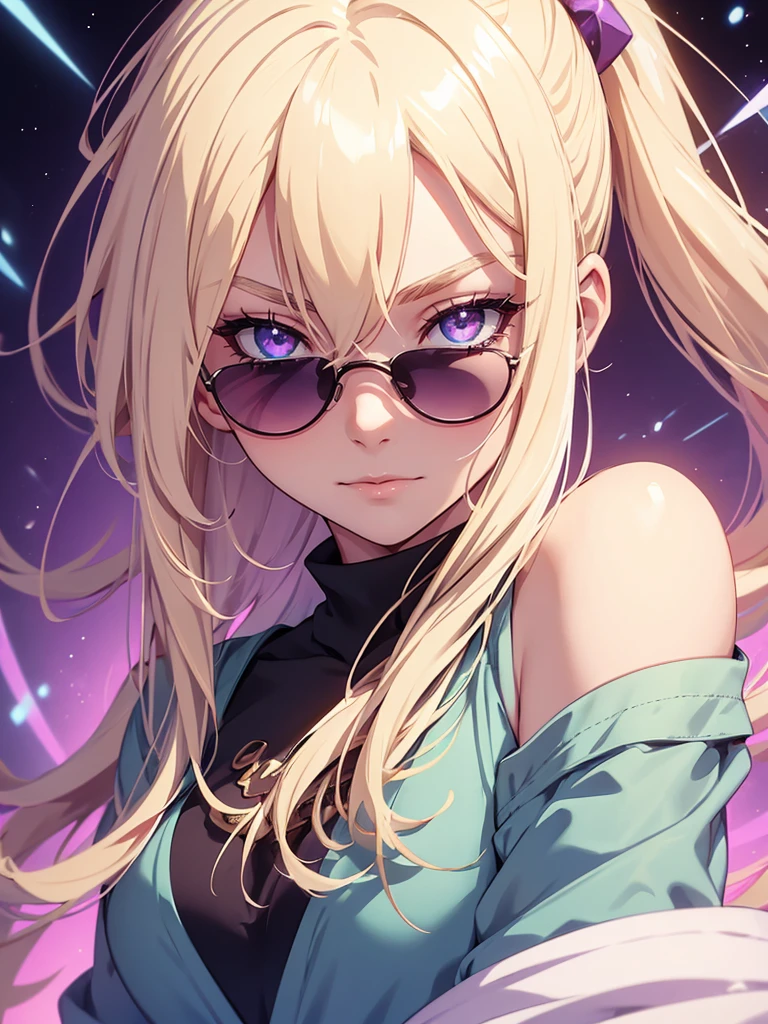 Woman, age 20, blonde hair, hair tied back, wears round sunglasses, blonde eyebrows, white eyelashes, detailed purple eyes, glowing pink eyes, galaxy blue eyes, prismatic different colored eyes, wearing black shirt, high quality, 4k resolution, anime