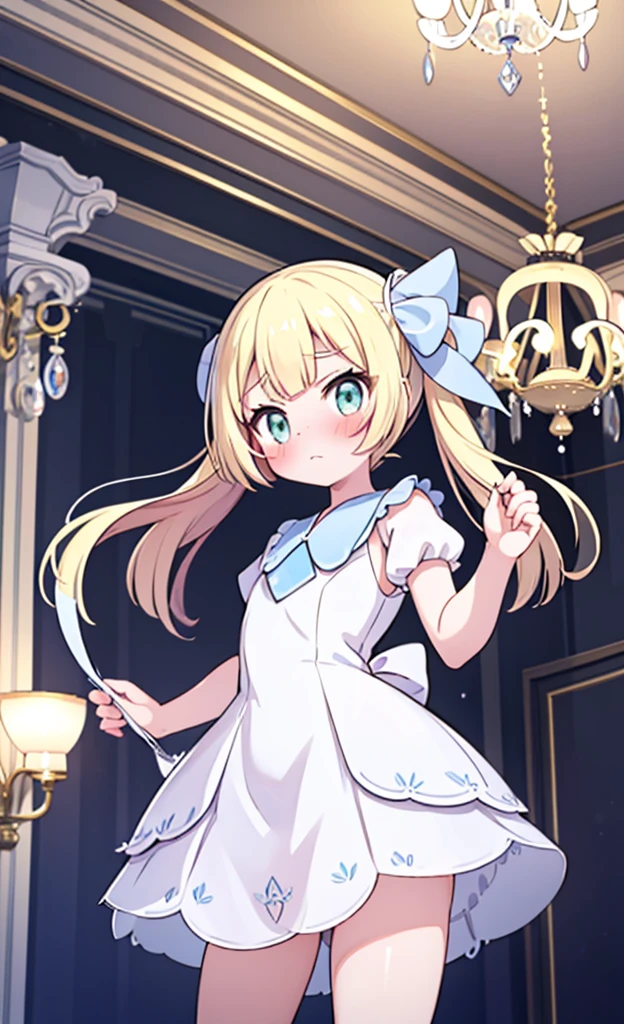 masterpiece,Highest quality,1 Girl,alone,blush with embarrassment,Yuri,Pokemon,no sleeve white dress,White dress with light blue collar,Pokemon風の画風,(bold:1.6),(Loose chandelier:1.5),(flat:1.5),White wide-brimmed hat with light blue ribbon,