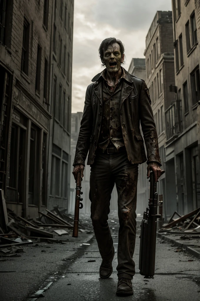 Zombie René rises on a desolate street, with the recorder in his hand. The scene shows ruined buildings and shadows of other zombies in the background