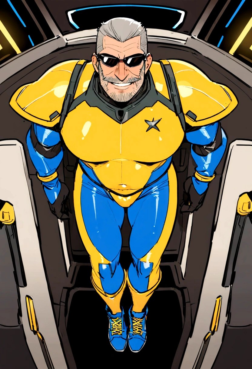 full body portrait, strong burly hairy mature older man(space captain), wearing futuristic captain's uniform insignia (neon and black) (open and revealing) (latex) , gray hair, sunglasses (neon yellow rims), broad shoulders, round belly, thick feet, bulging micro thong, barefoot, scifi spaceship captain uniform, neon lights, best quality elegant masterpiece, face looks like Tom Selleck (Magnum PI) , military buzzcut, dark mustache, gray stubble, latex, wearing a latex thong, big bulging crotch, futuristic gear equipment, wearing see through plastic chest armor (neon yellow and electric blue), wearing neon yellow see through chest armor, wearing blue latex chaps, wearing cool neon sneakers,in spaceship cockpit, lying in spaceship sleeping quarters(bed) (view from above), smiling with teeth showing, nicebulge, one leg propped up