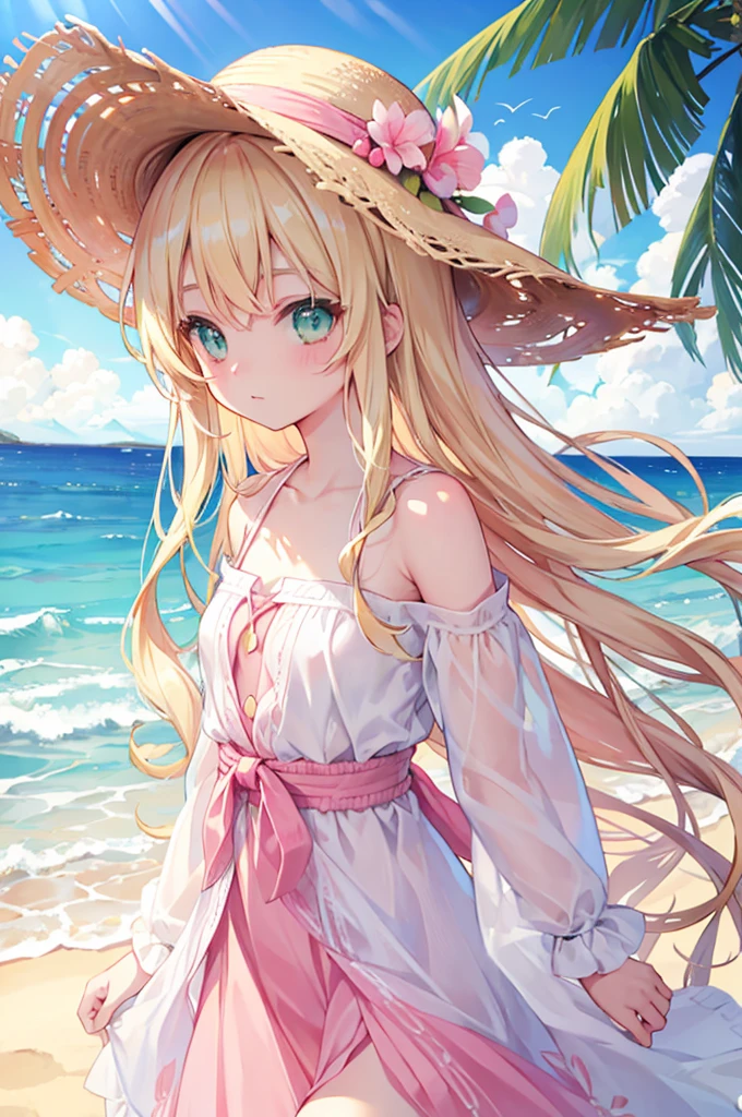 Blonde Wavy Long Hair Green Eyes beautiful girl Pink straw hat White dress blue sea White sand beach Light of the sun