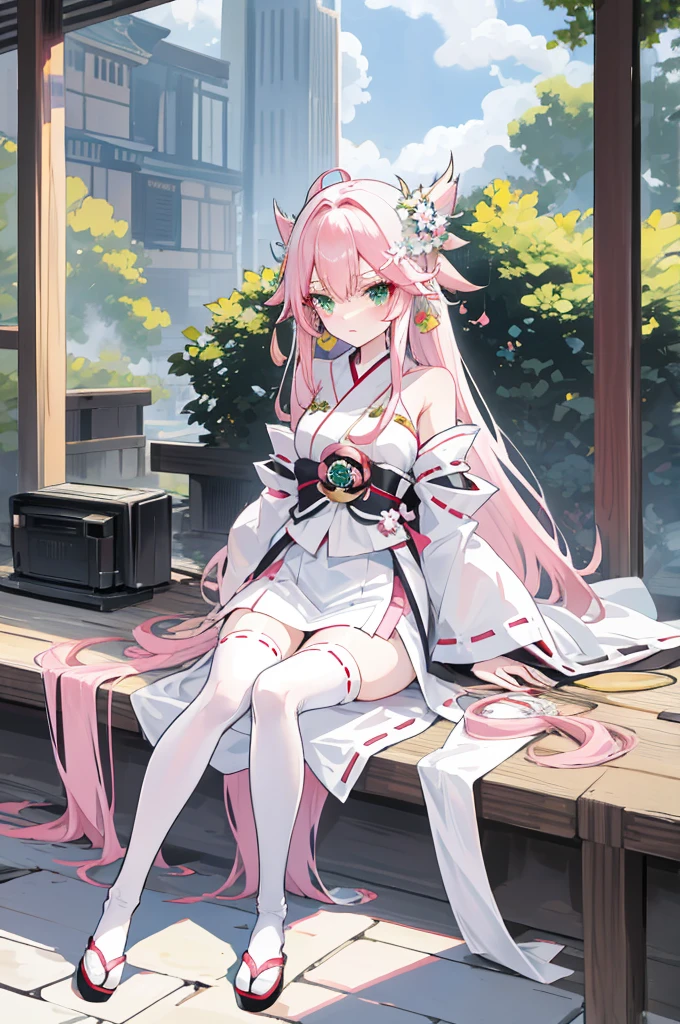 A pink-haired,The hair was long,green eyes,Very long dull hairs,Outwardly lazy,white kimono costume,White miko stockings,white mini skirt,
