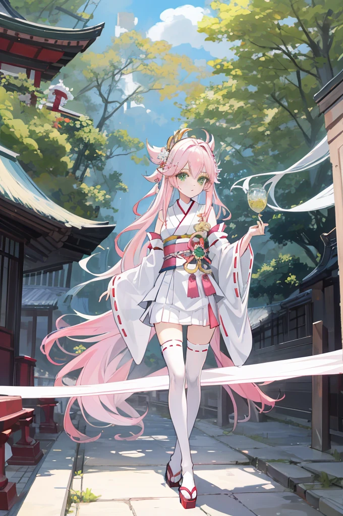 A pink-haired,The hair was long,green eyes,Very long dull hairs,Outwardly lazy,white kimono costume,White miko stockings,white mini skirt,
