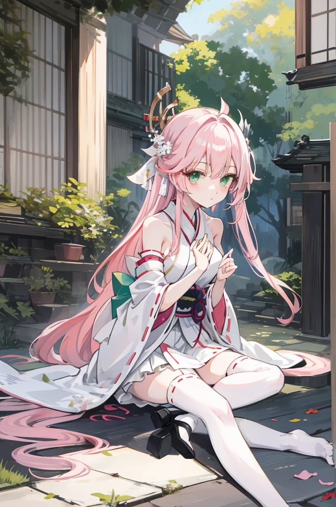 A pink-haired,The hair was long,green eyes,Very long dull hairs,Outwardly lazy,white kimono costume,White miko stockings,white mini skirt,