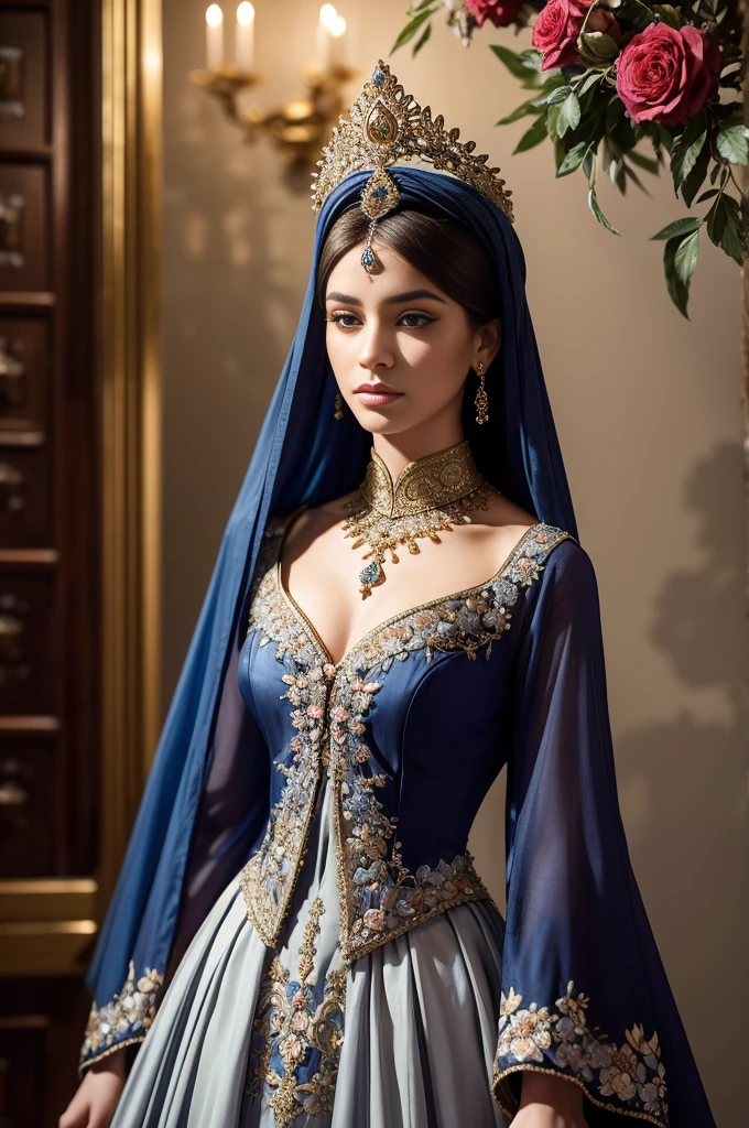 A headless mannequin stands tall and straight, showcasing a stunning Persian Qajar era gown. The dress is a long, flowing creation crafted from a breathtaking fabric of the deepest sapphire blue. Intricate floral embroidery in shimmering gold thread winds across the bodice and cascades down the full skirt, like a blossoming Persian garden.  A short, fitted bolero jacket with wide sleeves complements the dress, adorned with delicate embroidery that echoes the floral motifs.  The background features a perfect rectangular frame overflowing with a profusion of colorful flowers. A lone nightingale, its feathers a mesmerizing blend of auburn and grey, perches regally on a branch laden with crimson roses and delicate peonies. The contrast between the vibrant dress and the melancholic beauty of the floral scene creates a sense of drama and mystery.

pen_spark

