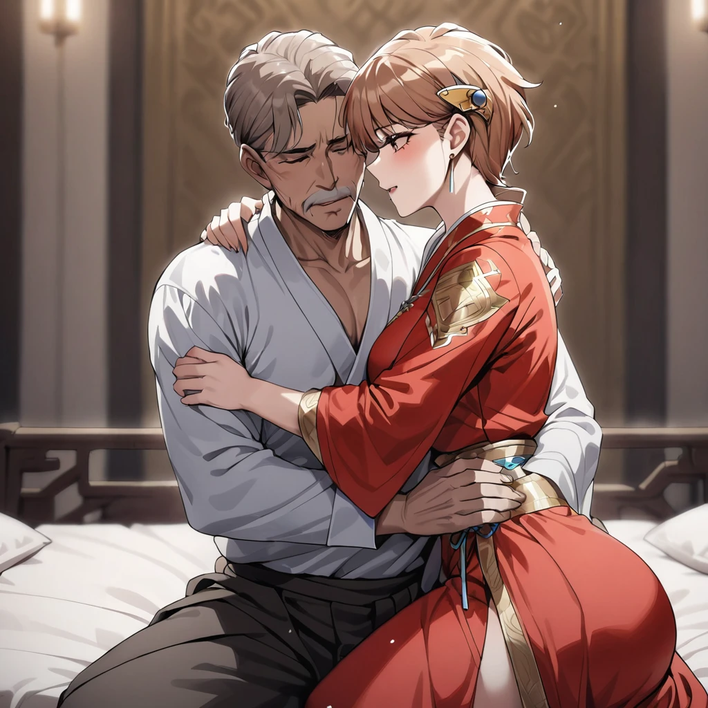 ((Highest quality)), ((masterpiece)), (detailed), (Perfect Face)、The woman is Princess Leona, wearing a gorgeous red Chinese dress with gold embroidery and long light brown hair.、On a bed in a luxurious palace, a woman is embracing a middle-aged man dressed in Hanfu.