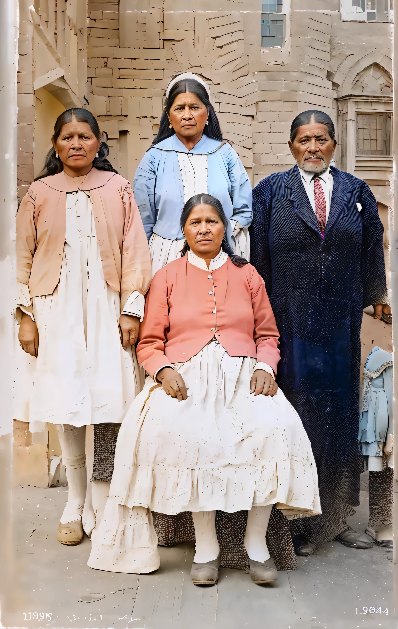 Arafed photograph of a family posing for a photo in front of a brick building., colored 1 9 0 4 photo, colored photo, colored, a colored photo, colored photograph, restored photo, colored, restored color, colored, award winning colored photo, Color restoration, old color photo, bolivian cholitas, old color photograph, colored background
