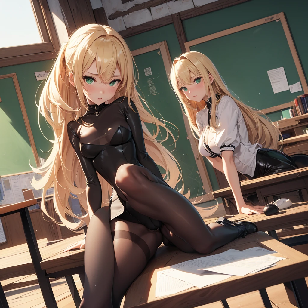 最high quality、best image quality、masterpiece、girl((20-year-old、sexy, By becomin, big bust,、thin,highest valley, dominatrix, blonde hair, green eyes, pantyhose, boots, cameltoe)), high quality、beautiful art、background(classroom))、flight、debris flies、Depth of written boundary、movie、visual art、perfect art、8K,genuine、
