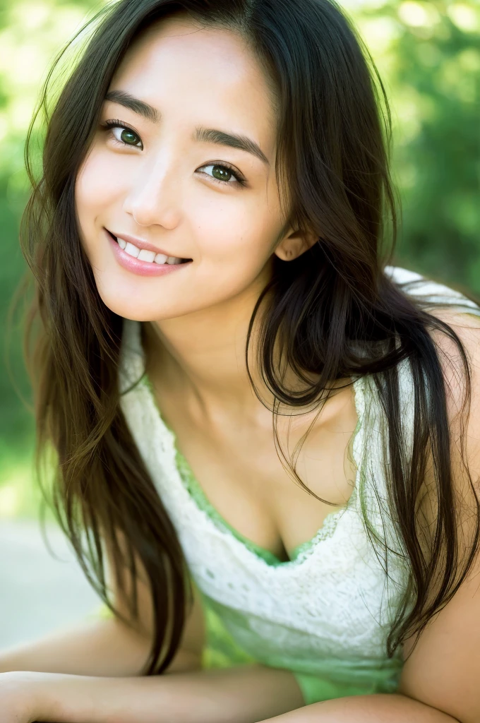 You are a professional photographer。future、Beautiful Eyes、 ((Highest quality)), Clear contours, Woman with beautiful face, (((One Girl,alone))), ((Beautiful Eyes)), Sex Appeal,Albedo and Specular Maps、Accurate simulation of lightweight material interactions、A woman posing in a green top and white panties, Yoshitomo Nara, Light Smile
