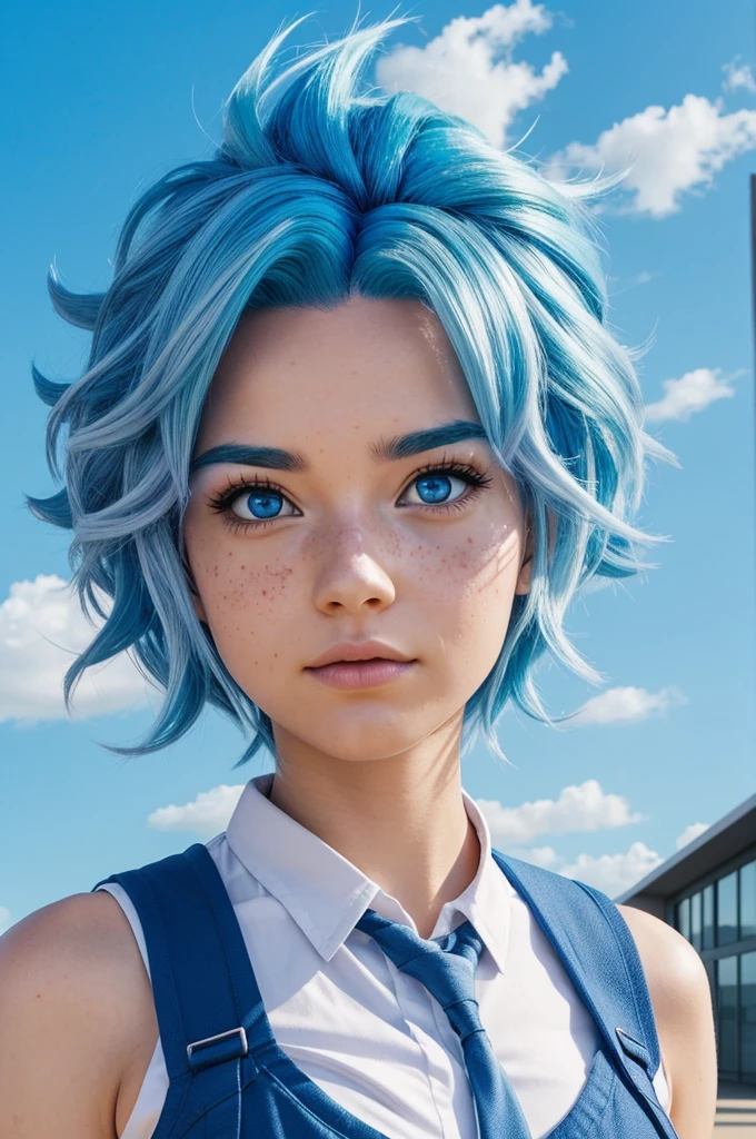 create a character my hero academia anime gender female sky blue hair color with strong blue fade, long with curls and freckles on her face, with the background of a classroom