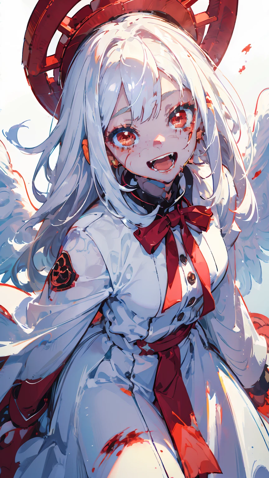 (woman\(A blood-red, dark angel halo is on his head., Angel Girl,My mouth is split,Pure white hair,Red eyes, Pure white skin, White costume,The girl is laughing wildly with her mouth wide open,Eyes with dilated pupils,Scary,A large amount of dark red liquid drips from the mouth and eyes.,Crazy smile,Monster,Monster mouth,\) pure white world、Looking up at me,Attacking pose,Dark red wings made of blood (I&#39;m in the beautiful outdoors, Monster tentacles,Horror, mysterious,Blood Monster (Dark red liquid floating in the air,Spooky background),quality\(8K,非常に精細なCGユニットのwallpaper, masterpiece,High resolution,top-quality,top-quality real texture skin,Surreal,Increase the resolution,RAW Photos,最高quality,Very detailed,wallpaper,Cinema Lighting,Ray-tracing,Golden Ratio\),Long Shot,Overall, it looks ephemeral.,The depiction range is from the waist up,qualityの高い顔の描写,High-resolution facial depiction,ephemeral,Low saturation,Little Girl,1 person, evil spirit