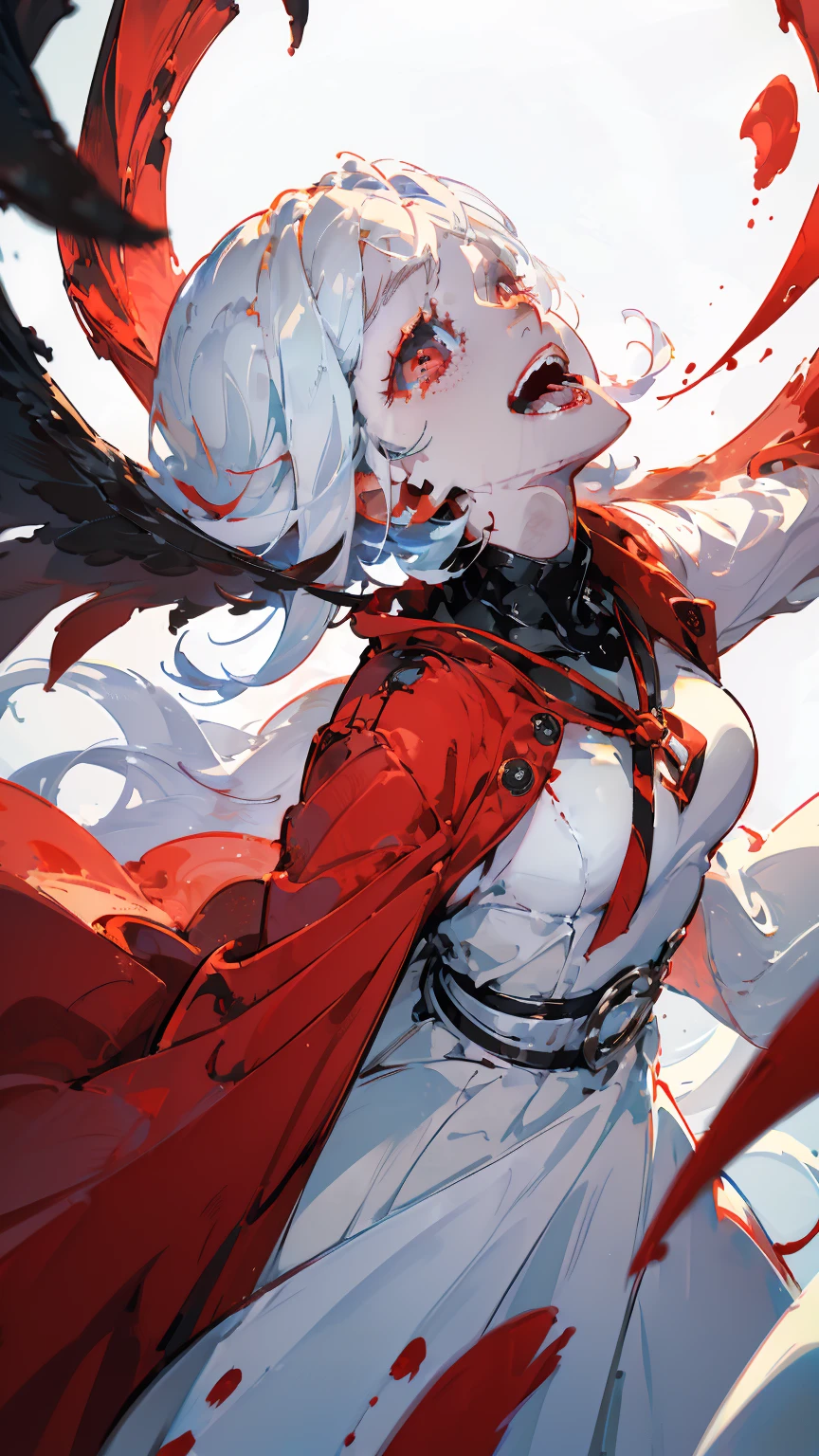 (woman\(A blood-red, dark angel halo is on his head., Angel Girl,My mouth is split,Pure white hair,Red eyes, Pure white skin, White costume,The girl is laughing wildly with her mouth wide open,Eyes with dilated pupils,Scary,A large amount of dark red liquid drips from the mouth and eyes.,Crazy smile,Monster,Monster mouth,\) pure white world、Looking up at me,Attacking pose,Dark red wings made of blood (I&#39;m in the beautiful outdoors, Monster tentacles,Horror, mysterious,Blood Monster (Dark red liquid floating in the air,Spooky background),quality\(8K,非常に精細なCGユニットのwallpaper, masterpiece,High resolution,top-quality,top-quality real texture skin,Surreal,Increase the resolution,RAW Photos,最高quality,Very detailed,wallpaper,Cinema Lighting,Ray-tracing,Golden Ratio\),Long Shot,Overall, it looks ephemeral.,The depiction range is from the waist up,qualityの高い顔の描写,High-resolution facial depiction,ephemeral,Low saturation, Girl,1 person, evil spirit