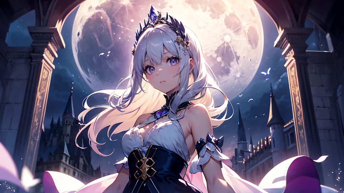 A princess with a delicate and beautiful face, large eyes, and translucent skin is looking up at the moon from a castle, enchantingly dressed in a traditional and glamorous medieval European dress and wearing a large hair ornament. A gentle, warm light surrounds the princess. The background is filled with soft out-of-focus light, and the pale blue and purple tones create a dreamy, serene, and enchanting atmosphere. Fireflies glowing in the moonlit night surround the princess, adding to the magical and ethereal atmosphere. Emphasis on the armpit and clavicle