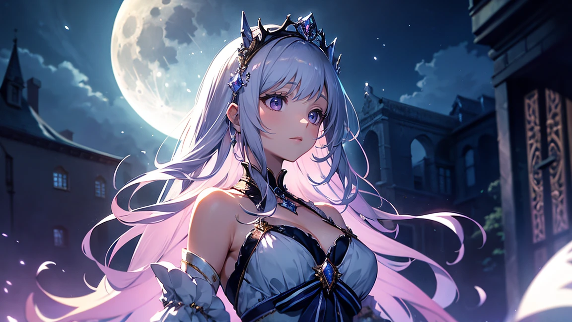 A princess with a delicate and beautiful face, large eyes, and translucent skin is looking up at the moon from a castle, enchantingly dressed in a traditional and glamorous medieval European dress and wearing a large hair ornament. A gentle, warm light surrounds the princess. The background is filled with soft out-of-focus light, and the pale blue and purple tones create a dreamy, serene, and enchanting atmosphere. Fireflies glowing in the moonlit night surround the princess, adding to the magical and ethereal atmosphere. Emphasis on the armpit and clavicle