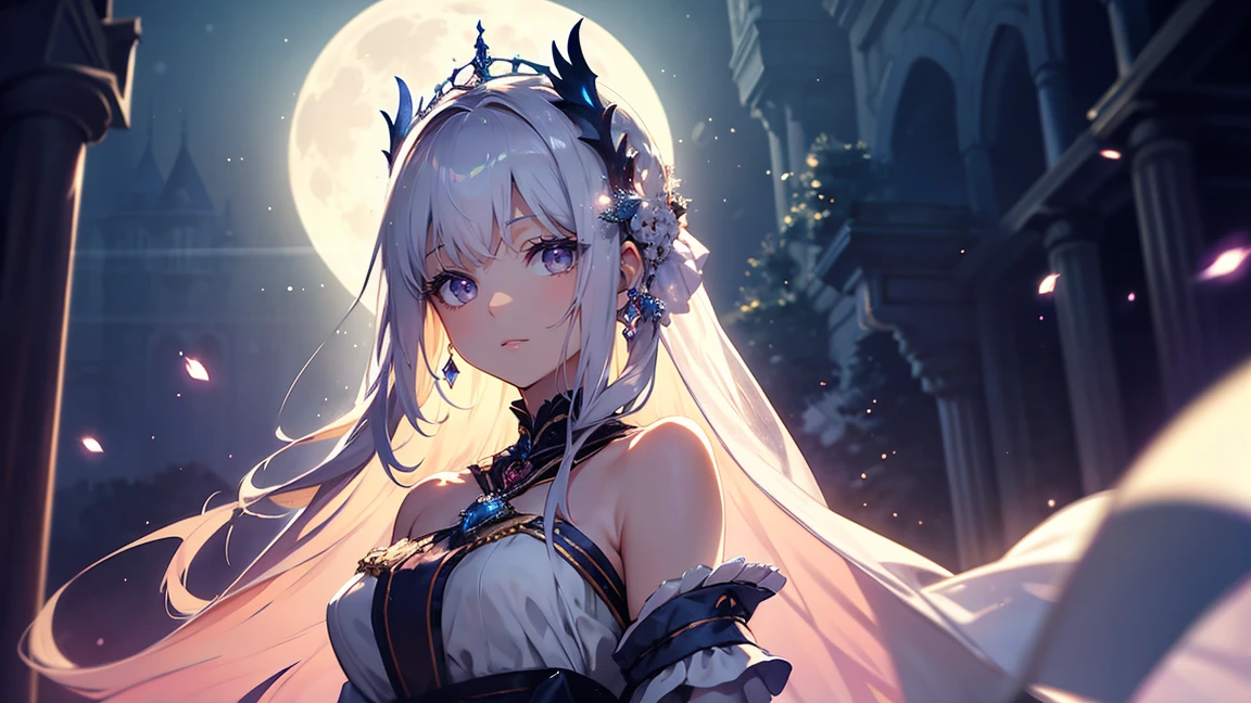 A princess with a delicate and beautiful face, large eyes, and translucent skin is looking up at the moon from a castle, enchantingly dressed in a traditional and glamorous medieval European dress and wearing a large hair ornament. A gentle, warm light surrounds the princess. The background is filled with soft out-of-focus light, and the pale blue and purple tones create a dreamy, serene, and enchanting atmosphere. Fireflies glowing in the moonlit night surround the princess, adding to the magical and ethereal atmosphere. Emphasis on the armpit and clavicle