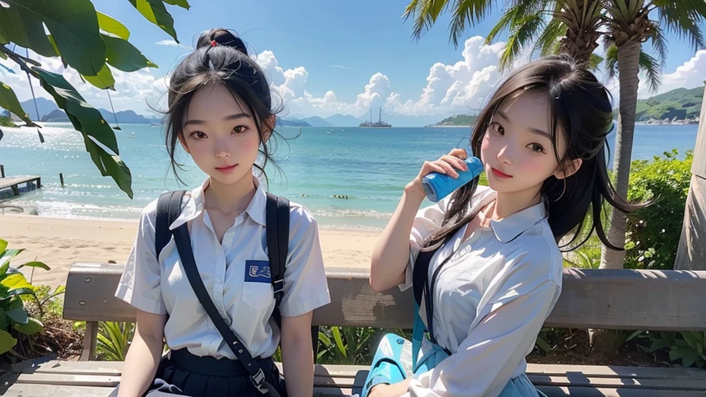 8K、RAW Photos、Highest quality、Super detailed、Super Resolution、Ultra HD、8K壁紙、Amazing details summer、Park with an ocean view、Woman sitting on a park bench、squirt、16 year old school girl in uniform、Drink water、School bag、Blue sky、Shining Sun、Bento、Water bottle






