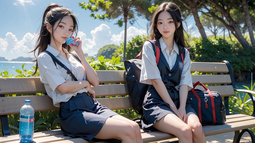 summer、Park with an ocean view、Woman sitting on a park bench、squirt,、16 year old school girl in uniform、Drink water、School bag、Blue sky、Shining Sun




