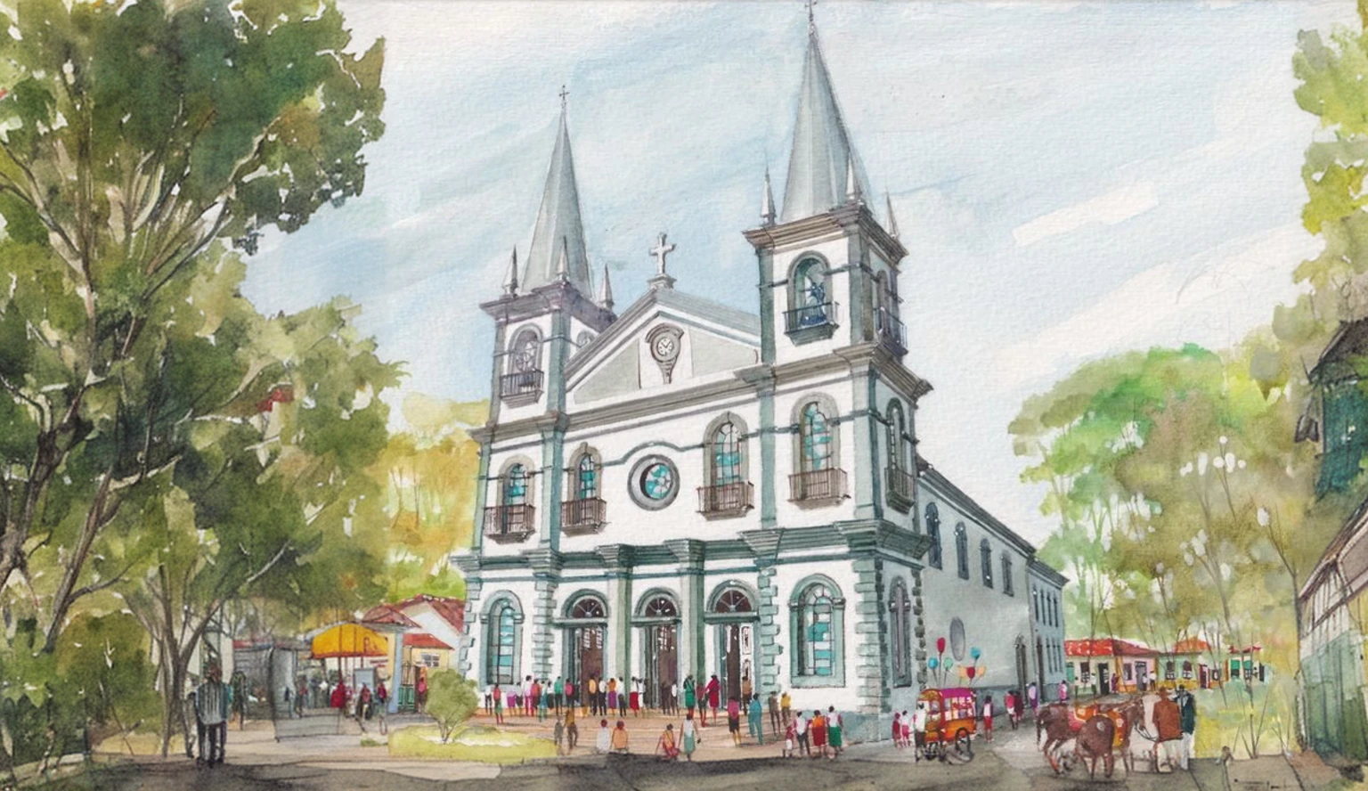 a watercolor drawing of a village in Brazil and a tree-lined square
