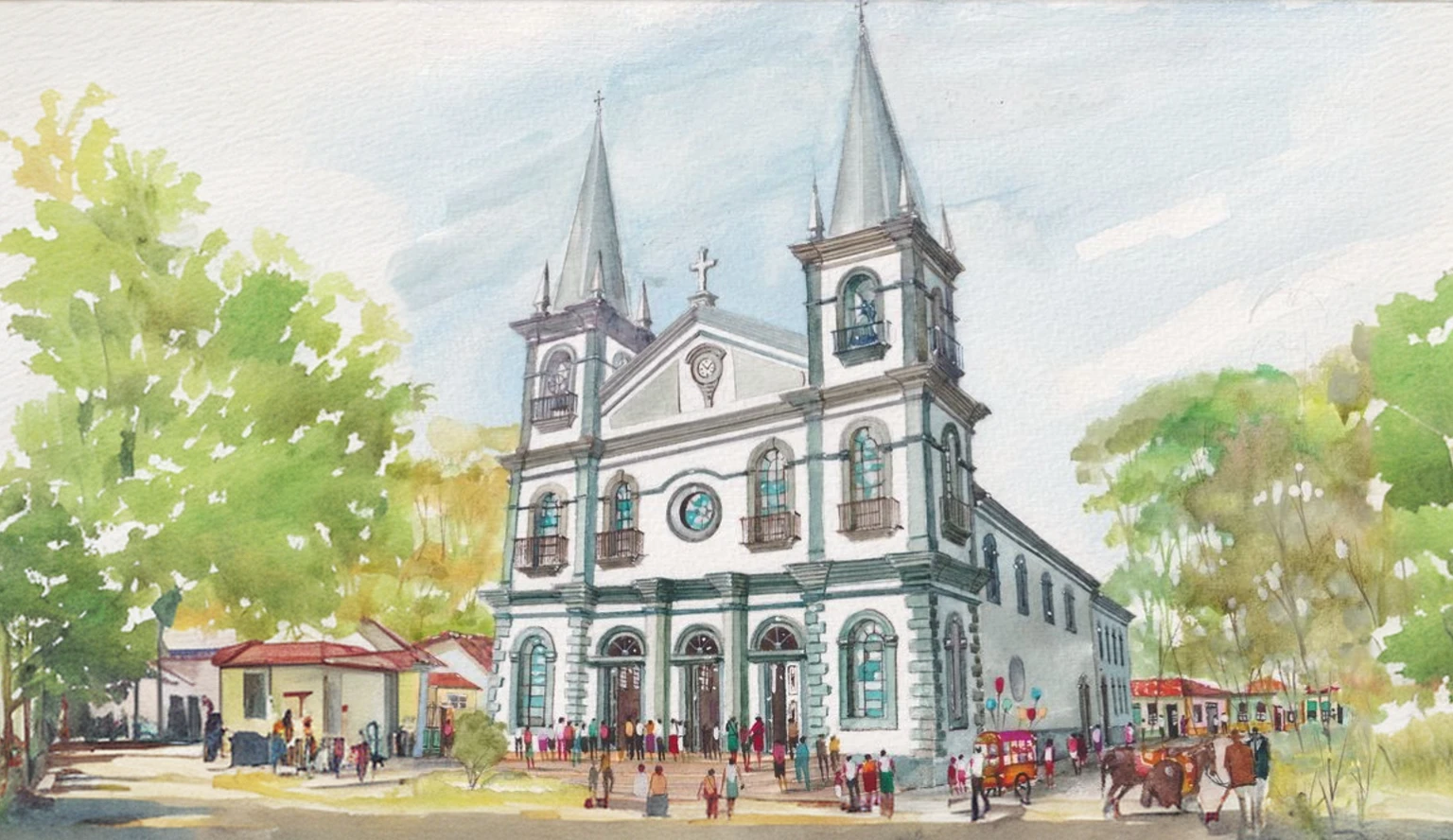 a watercolor drawing of a village in Brazil and a tree-lined square