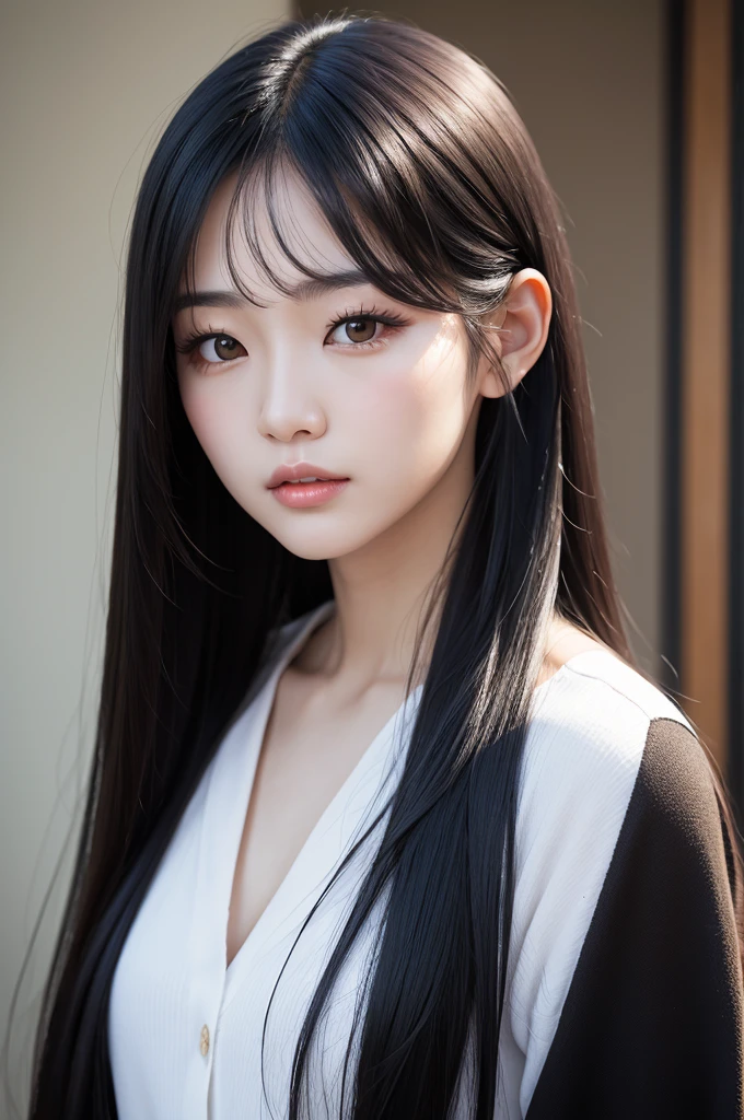 Korean woman with long black hair, with beautiful face Realistic