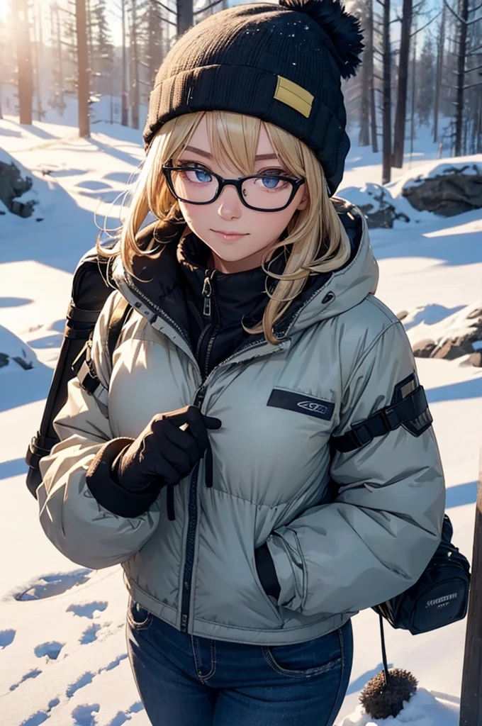 最high quality, high quality, High resolution, high quality texture, high quality shadows, High resolution, Beautiful details, Detailed CG, Detailed Texture, Realistic representation of face, Realistic, colorful, delicate, Cinematic Light, Side light, Lens flare, Ray Tracing, sharp concentrated, (1 Girl,concentrated:1.3), ( Intricate details, compensate, PureErosFaceV1:0.5), (細部まで美しいdelicateな顔, 緻密で美しいdelicateな瞳, Perfect Facial Proportions, Dense skin, Optimal ratio of four fingers to one thumb,  Modest chest, Beautiful Hips, Smooth upper abdomen, blue eyes ,cold weather jacket ,cold weather pants ,knit hat ,cold weather gloves ,trekking backpack ,glasses ,hiking,lapland ,snow field ,long trail ,adventure journey ,night,Northern Lights ,winter,the gaze of true love, lips of temptation, A look full of compassion ,a smile full of love, i love you, Acting lovey-dovey, waist up, 35 years old, hiking,house wife, air fortress hair, blonde hair