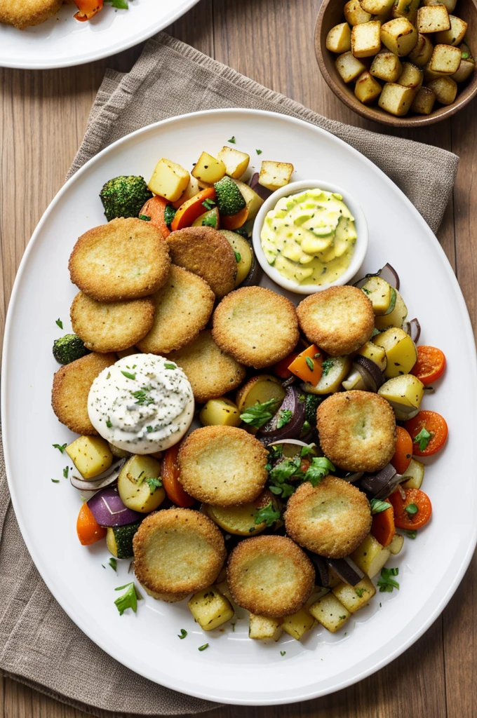 A plate with Ratatouille with the vegetables cut into 1 cm cubes, Breaded and fried fungus on top in the form of fish nuggets, with a potato mayonnaise around the plate as decoration