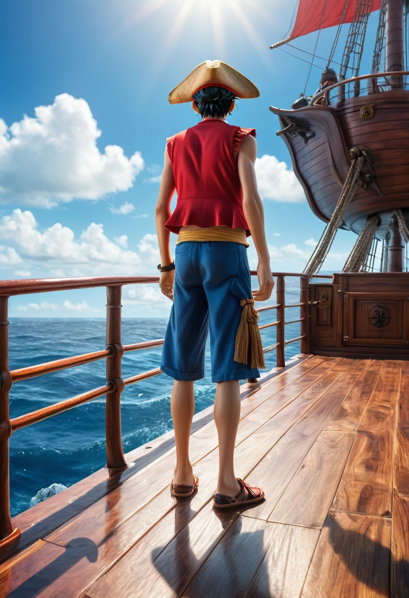 Luffy on the ship, back view, standing heroically, detailed wooden deck, pirate hat, red vest, blue shorts, ocean background, sunny sky, photorealistic style, dramatic lighting, high detail, cinematic composition.
