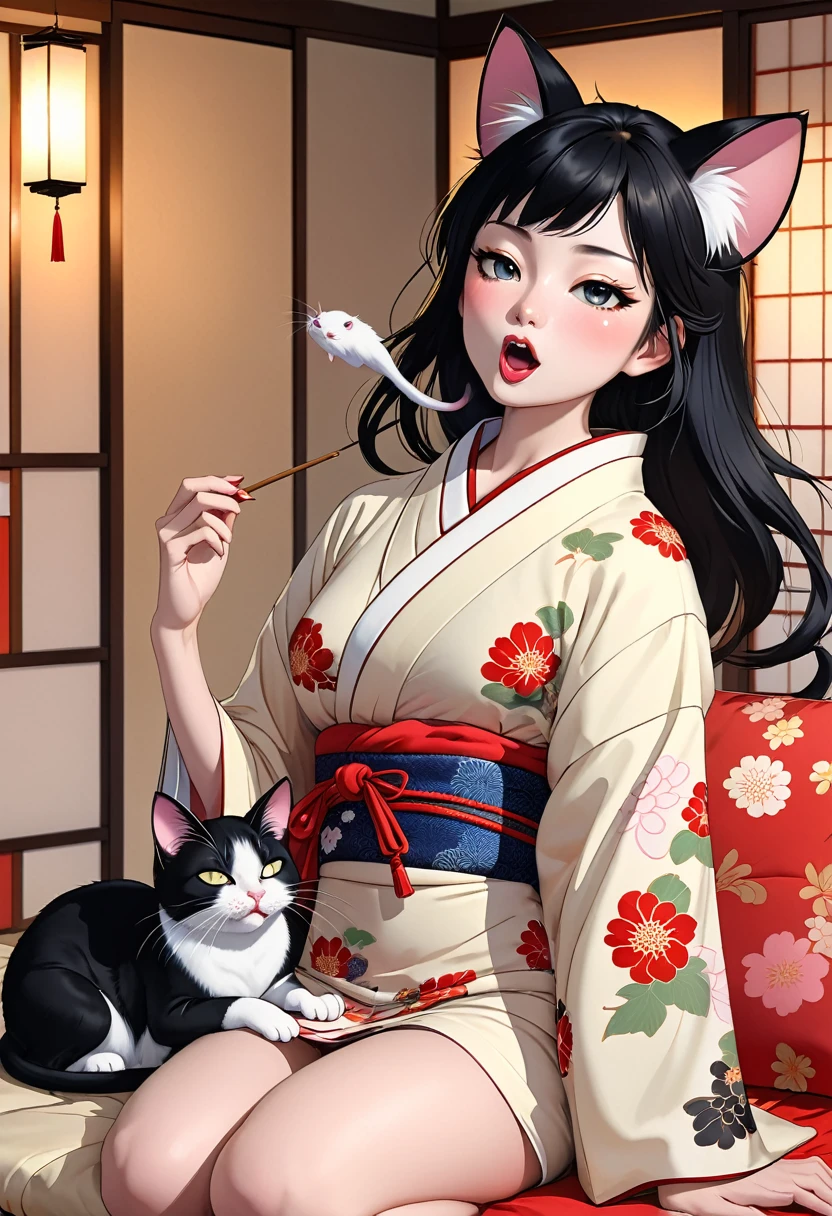 (utamaro style:1.2) , Hallucination, daydream , nightmare , Insane Dream , bokeh , erotica , romance , realistic mouse girl and realistic cat , kimono , futon , Cat licking thighs