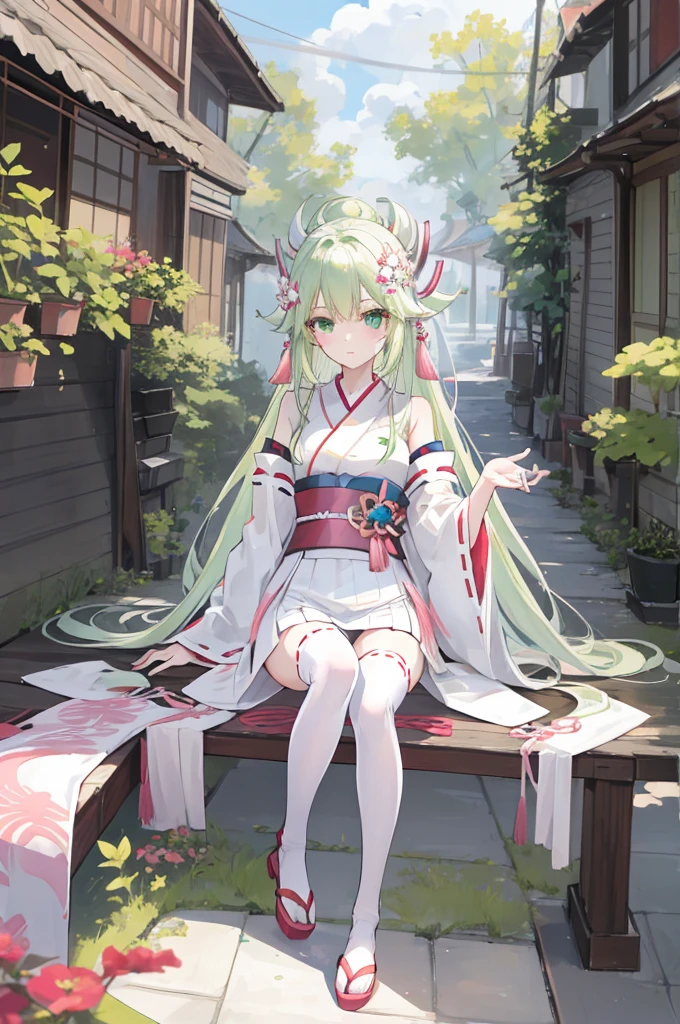 A pink-haired,The hair was long,green eyes,Very long dull hairs,Outwardly lazy,white kimono costume,White miko stockings,white mini skirt,