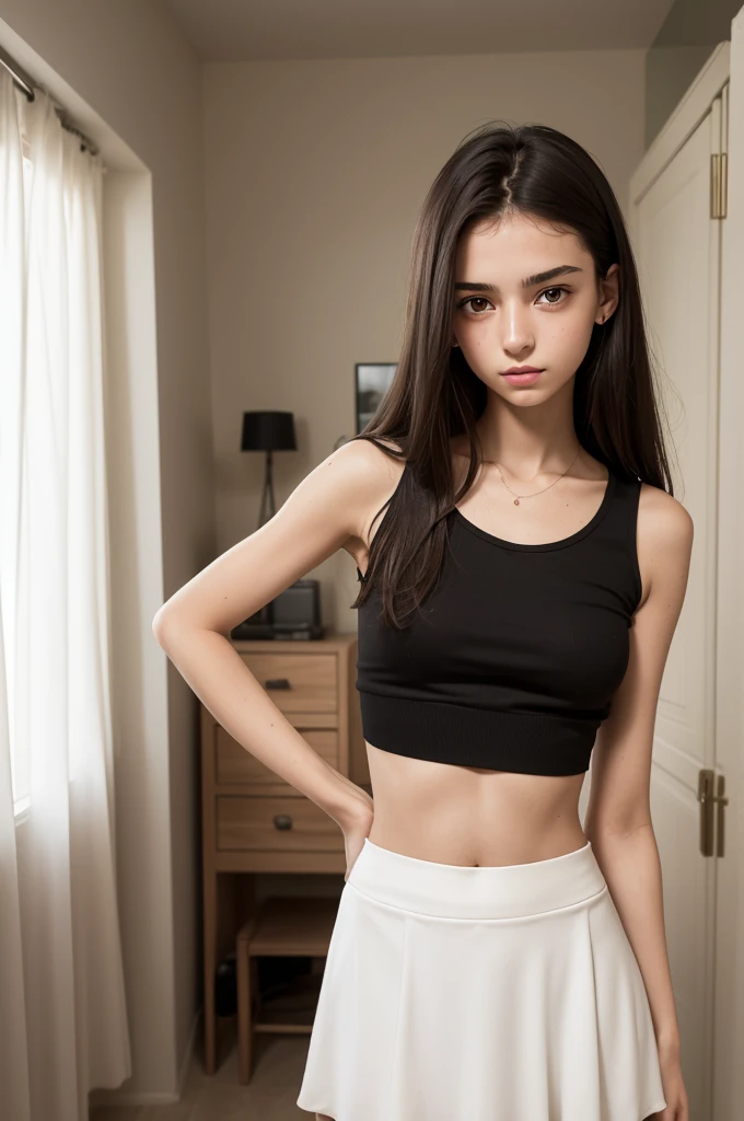  Italian teenager, sair skin, she is thin, she has messy dark brown hair, she has green eyes, she has 1,65m tall, she is wearing a white crop top, a very short black skirt, She's standing in her room