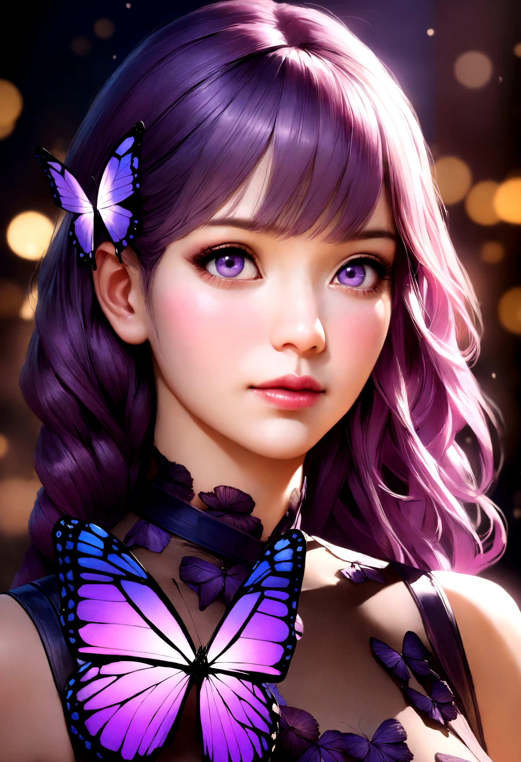 A beautiful girl with short purple hair in one braid, butterfly decoration, blushing face, wearing a purple butterfly dress, purple butterfly patterned socks, and purple high heels, realistic anime style, best quality, 4k, 8k, highres, masterpiece:1.2, ultra-detailed, realistic, photorealistic, photo-realistic:1.37, HDR, UHD, studio lighting, ultra-fine painting, sharp focus, physically-based rendering, extreme detail description, professional, vivid colors, bokeh, portrait