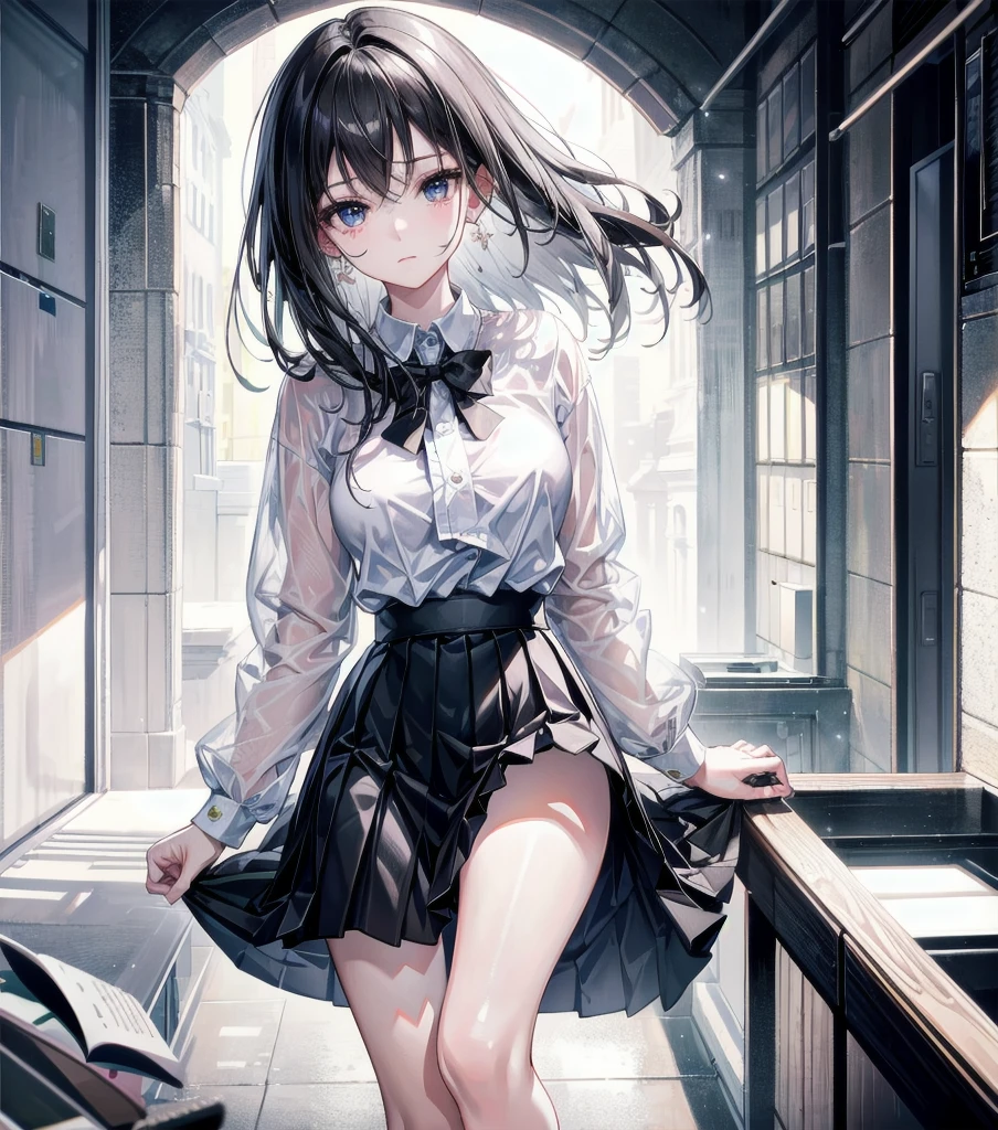 RAW photo, extremely delicate and beautiful, masterpiece, Best Quality, ultra high resolution, 16k, photorealistic, ultra detailed description, pale skin, in her 20s, full body, medium tits, medium hair, black hair, tearful mole, earring, school_uniform, shirt, skirt,