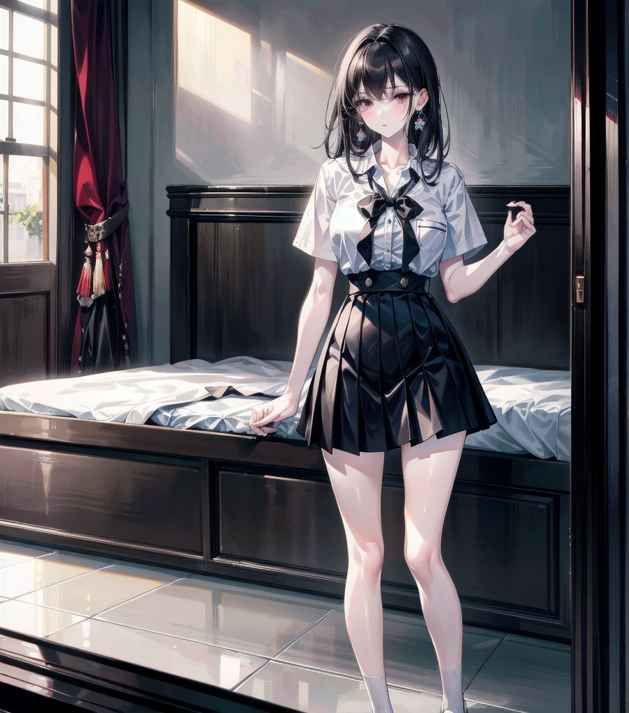 Blurred, depth_of_Field, Blurred_background, machine, School_machine, classroom, Blurred_prospect, School_chair, chair, skirt, bow, 1人of女of子, of上_machine, alone, black_hair, School_uniform, pantyhose, Sitting_of上_machine, indoor, School, black_Legwear, curtain, short_hair, bowtie, black板, Sitting, shoes, shirt, red_bow