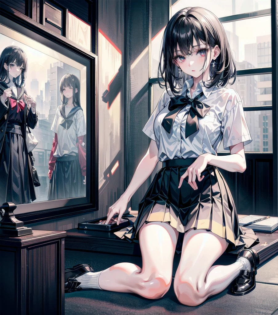 RAW photo, extremely delicate and beautiful, masterpiece, Best Quality, ultra high resolution, 16k, photorealistic, ultra detailed description, pale skin, in her 20s, solo, alone, full body, medium tits, medium hair, black hair, tearful mole, earring, school_uniform, shirt, skirt,