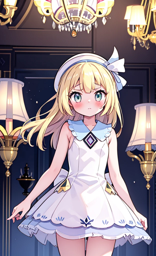 masterpiece,Highest quality,1 Girl,alone,blush with embarrassment,Yuri,Pokemon,no sleeve white dress,Sleeveless white dress with light blue collar,Pokemon風の画風,(bold:1.6),(Loose chandelier:1.5),(flat:1.5),White wide-brimmed hat with light blue ribbon,beach