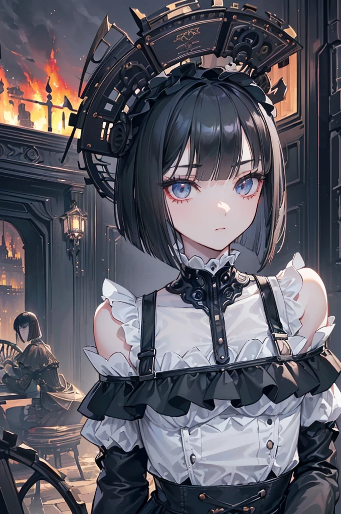(((Masterpiece, top quality, super detailed))), One female, (((Very Slender body))) , (((Long, thin legs))), (((short black bob, thick puffy bangs ))), (((very detailed face))), cosmetics-free, small thin nose, small thin-lipped mouth, (((very sharp focused eyes))), large slit precision pale grey eyes, sparkling like jewels, Long eyelashes, ((Very decorative intricate mechanical steampunk fashion, Lace Flared mini skirt, Lace stockings above the knee, Lace Off-shoulder ta fashion, Overly decorative fashion)), (((overall accuracy has improved dramatically, creating a super detailed and realistic image))), Super realistic photo,(((upper body))),((burning city background)),city,night,the wood,(furious),night,dark,burning town,