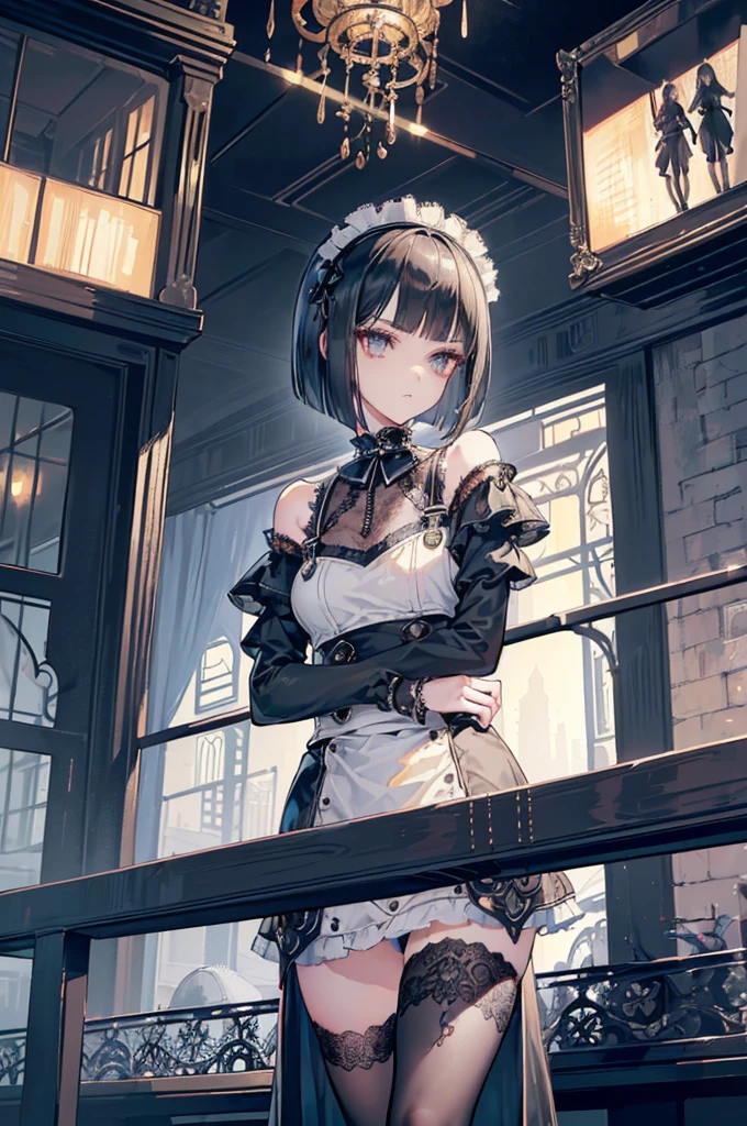 (((Masterpiece, top quality, super detailed))), One female, (((Very Slender body))) , (((Long, thin legs))), (((short black bob, thick puffy bangs ))), (((very detailed face))), cosmetics-free, small thin nose, small thin-lipped mouth, (((very sharp focused eyes))), large slit precision pale grey eyes, sparkling like jewels, Long eyelashes, ((Very decorative intricate mechanical steampunk fashion, Lace Flared mini skirt, Lace stockings above the knee, Lace Off-shoulder ta fashion, Overly decorative fashion)), (((overall accuracy has improved dramatically, creating a super detailed and realistic image))), Super realistic photo,(((upper body))),((burning city background)),city,night,the wood,(furious),night,dark,burning town,